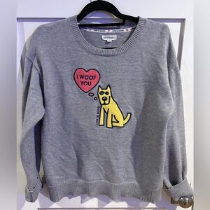 Life Is Good Gray Sweater with I Woof You Dog and Heart Graphic